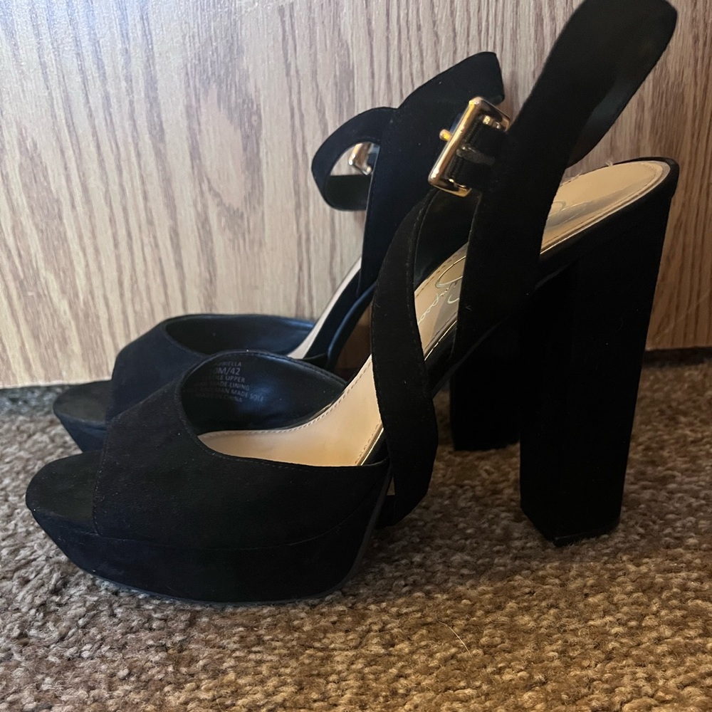 Classic Chunky Faux Suede 5in Black Block Heels Platform Sandals Jessica Simpson